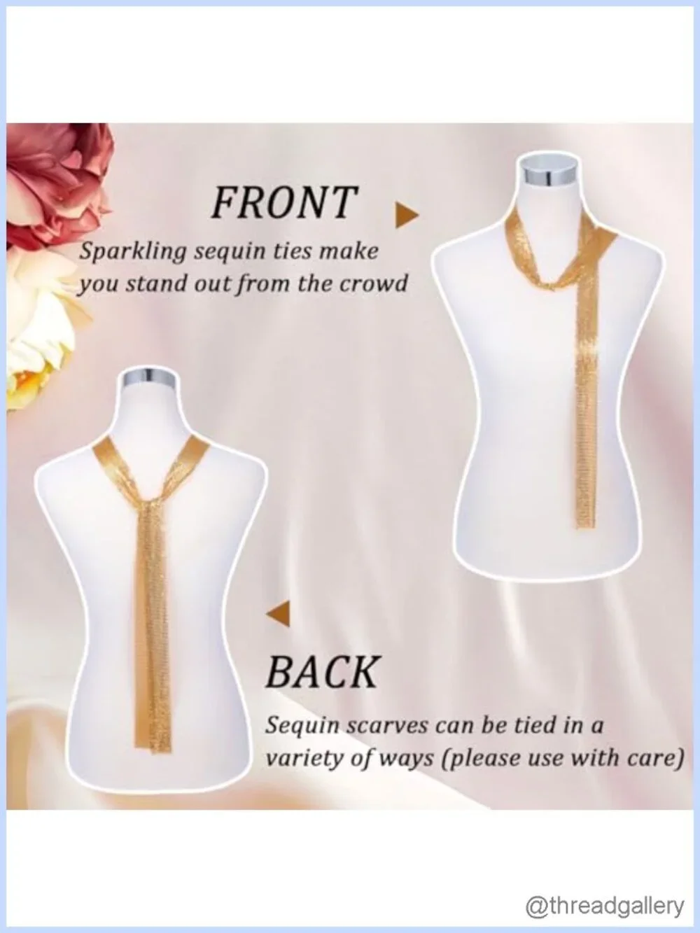 Gold Sequin Long Skinny Scarf Tie Belt Sparkly Glitter Necktie
